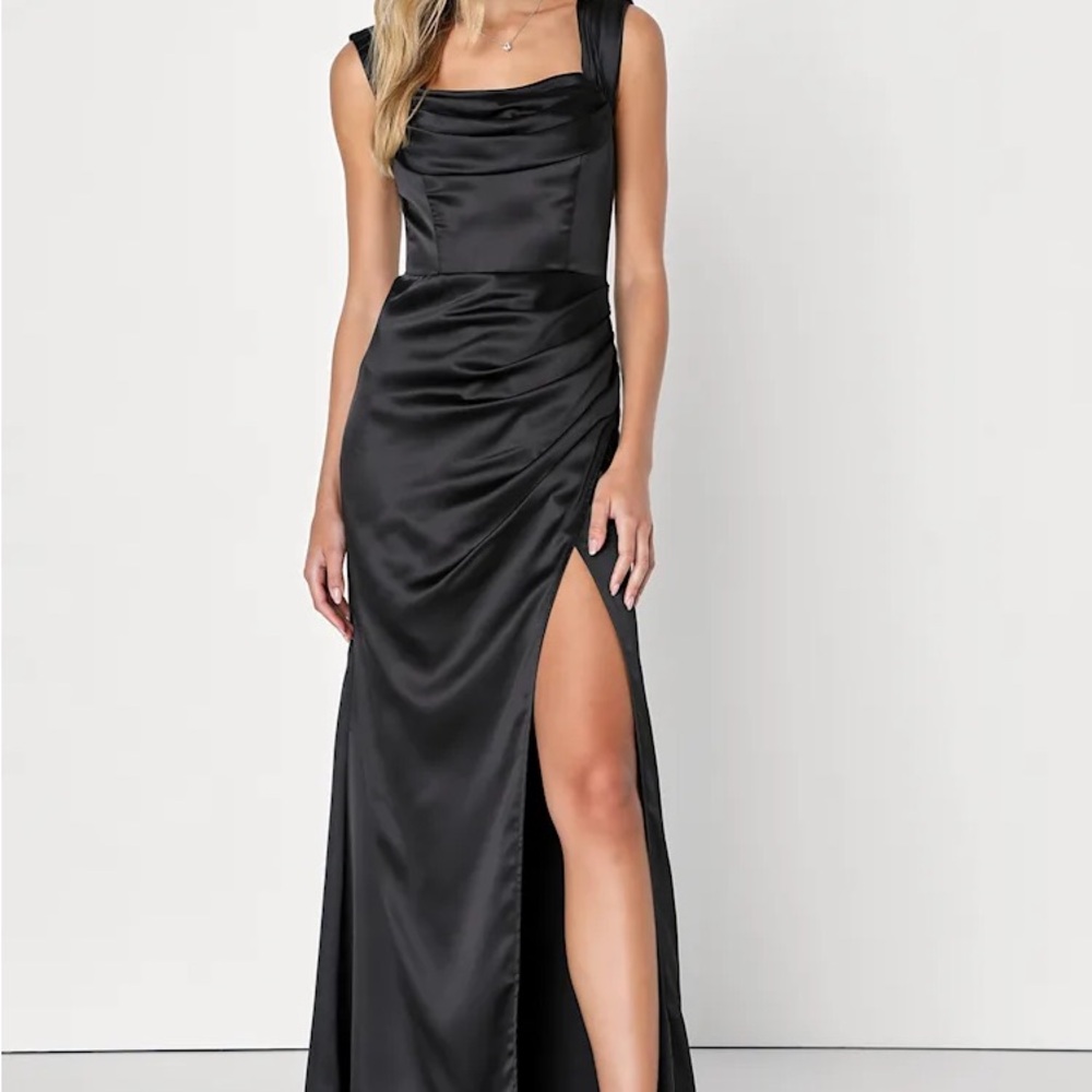 Lulu's Stunning Arrival Black Satin Off-The-Shoulder Maxi Dress